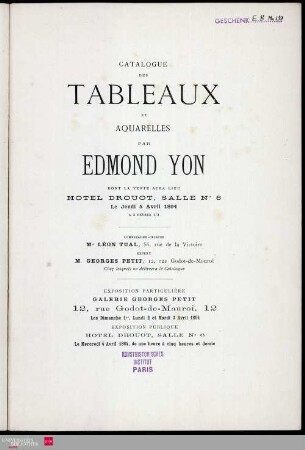 Catalogue des tableaux et aquarelles par Edmond Yon : Vente à Paris, Hotel Drouot, le 5 Avril, 1894. -