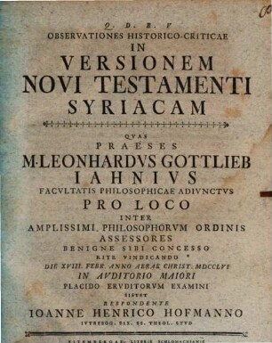 Observationes Historico-Criticae In Versionem Novi Testamenti Syriacam