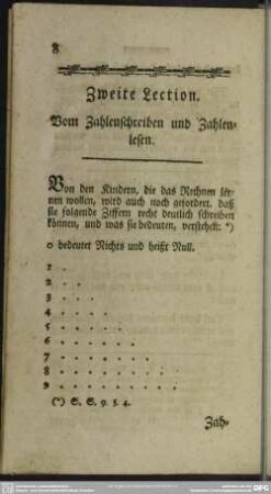 Zweite Lection. Vom Zahlenschreiben und Zahlenlesen