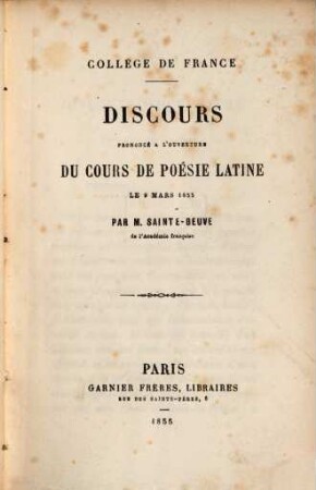 Discours prononcé à l'ouverture du Cours de Poésie latine de 9 mars 1855