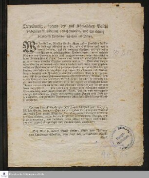 Verordnung, wegen der auf königlichen Befehl verbotenen Aufführung von Comödien, und Errichtung besonderer Landsmannschaften und Orden