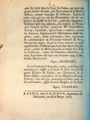 Extrait des registres du Parlement du 5. Sept. 1765