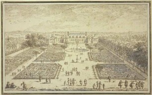Ansicht eines Schlosses mit Gartenanlage, Springbrunnen und vielen Figuren