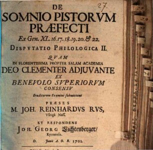 De somnio pistorum praefecti, ex Genes. XL, 16 - 22, Disp. II.