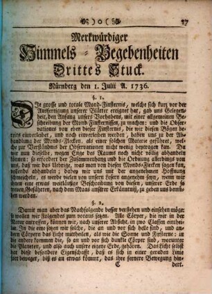 Merkwürdiger Himmels-Begebenheiten Stück ..., 1736,3 (Juli)