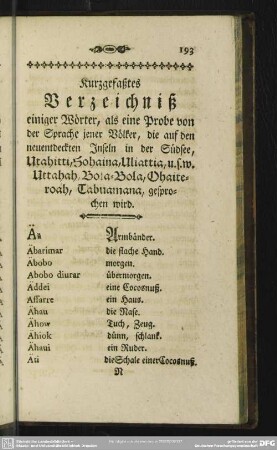 Kurzgefaßtes Verzeichniß einiger Wörter ...