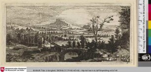 [Gebirgslandschaft mit Brücke und einem Hirten mit seiner Herde]