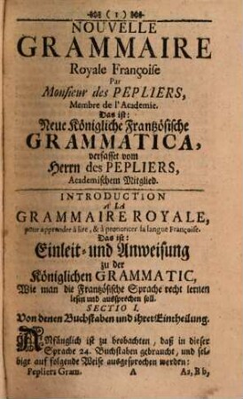 La Parfaite Grammaire Royale Françoise & Allemande, Das ist Vollkommene Königl. Frantzösische Grammatica