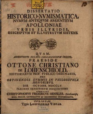 Dissertatio historico-numismatica numum antiquum argenteum Apolloniae ... sistens