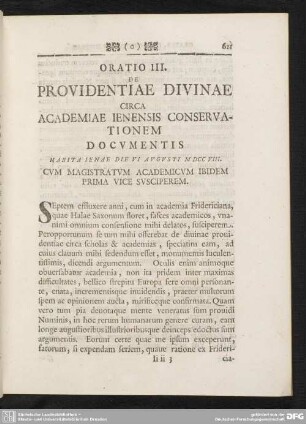 Oratio III. De Providentiae Divinae Circa Academiae Ienensis Conservationem Documentis