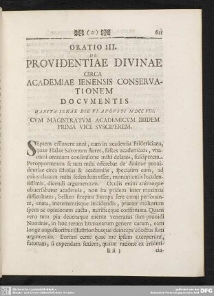 Oratio III. De Providentiae Divinae Circa Academiae Ienensis Conservationem Documentis
