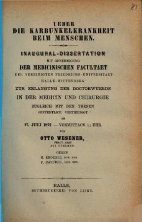 Ueber die Karbunkelkrankheit beim Menschen : Diss. inaug.
