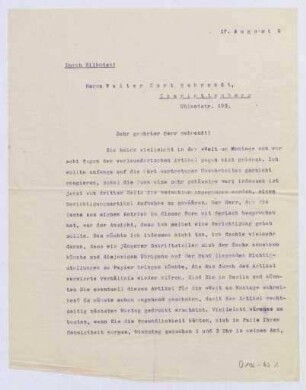 Schreiben an Walter Curt Behrendt, Charlottenburg (Brief)