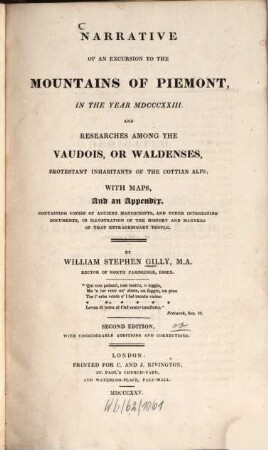 Narrative of an excursion to the mountains of Piemont, in the year MDCCCXXIII and researches among the Vaudois, or Waldenses, protestant inhabitants of the Cottian Alps : With maps and an appendix