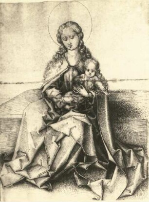Sitzende Madonna mit Kind : Sitzende Madonna mit Kind. Kupferstich (1460/1500; Kreis M. Schongauer)