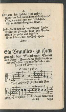 Ein Brautlied/ zu ehren gemacht dem Wolgebornen Graven und Herrn/ Herrn Andre Schlicken ...