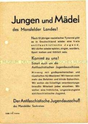Aufruf an die Jungen und Mädchen des Mansfelder Landes zur aktiven Mitgestaltung der neuen Gesellschaft