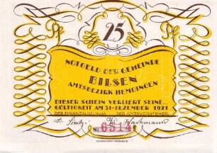 Notgeld der Gemeinde Bilsen