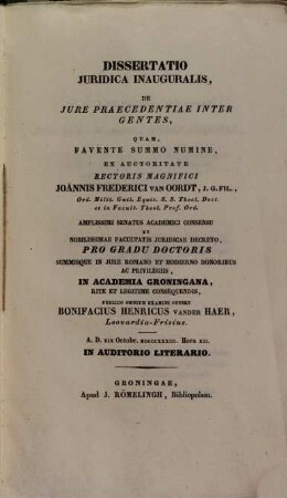 Diss. iur. inaug. de iure praecedentiae inter gentes