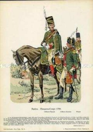 Uniformdarstellung, Offiziere und Gemeiner des Husaren-Korps, Markgrafschaft Baden, 1793.