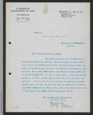 Brief der G. Braun Hofbuchhandlung an Helene Lange