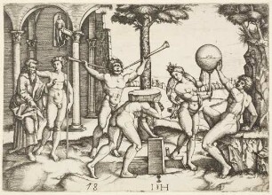 Sechs Figuren in einer emblematischen Komposition (Der Mann mit den zwei Trompeten)