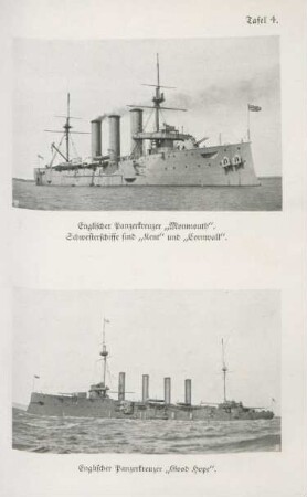 Englischer Panzerkreuzer "Monmouth". Schwesterschiffe sind "Kent" und "Cornwall". Englischer Panzerkreuzer "Good Hope".