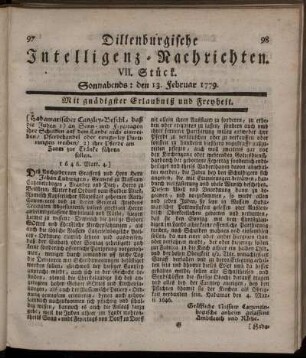VII. Stück. Sonnabends: den 13. Februar 1779.