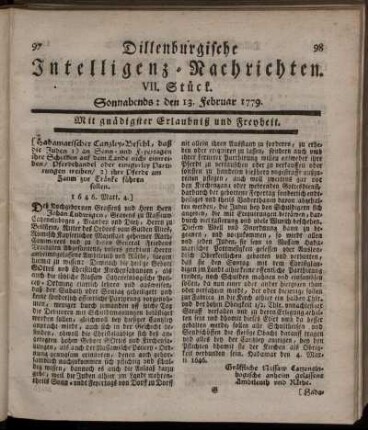 VII. Stück. Sonnabends: den 13. Februar 1779.