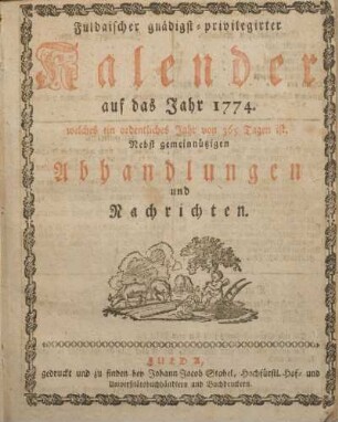 1774: Fuldaischer gnädigst-privilegirter Kalender