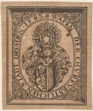 Das Wappen der Stadt Dresden im Jahr 1583 mit Helmzier, Ausschnitt aus einer Buchseite