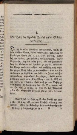 I. Der Brief des Apostels Paulus an die Galater, verdeutscht.