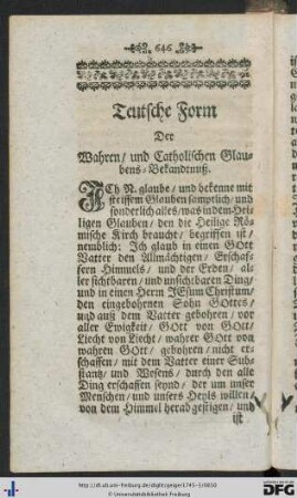 Teutsche Form Der Wahren / und Catholischen Glaubens-Bekandtnuß.
