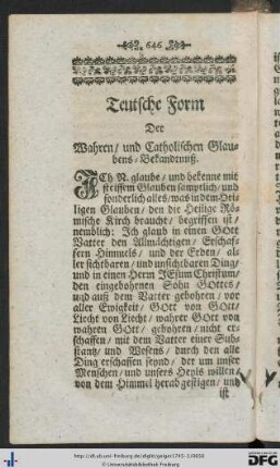 Teutsche Form Der Wahren / und Catholischen Glaubens-Bekandtnuß.