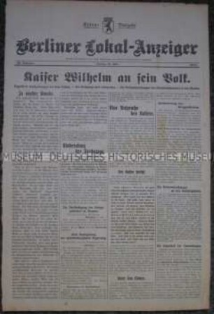Extra-Ausgabe des "Berliner Lokal-Anzeigers" zur Kundgebung mit Kaiser Wilhelm II. am Vorabend des Ausbruchs des 1. Weltkrieges