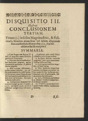 [...] Disquisitio III. Illustrat Conclusionem Tertiam. [...] Summaria.