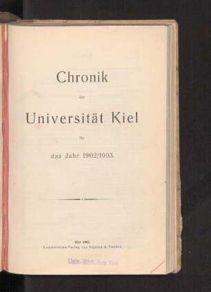 1902/1903: Chronik der Universität Kiel für das Jahr 1902/1903