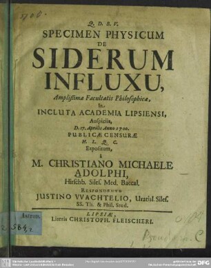 Specimen physicum de siderum influxu