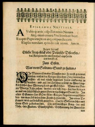 Folgen hierauff Etliche Frag-stück oder Politischen Discursen/ das Kriegeswesen meistentheil angehende und betreffend.
