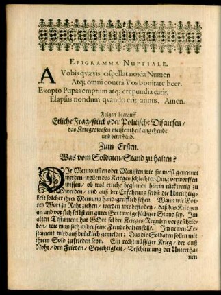 Folgen hierauff Etliche Frag-stück oder Politischen Discursen/ das Kriegeswesen meistentheil angehende und betreffend.