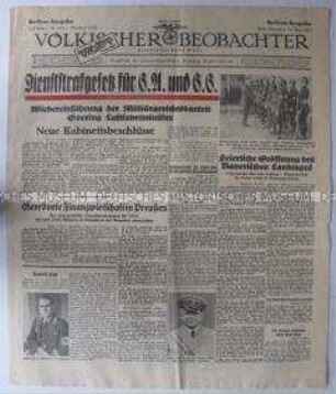 NS-Tageszeitung "Völkischer Beobachter" u.a. zur Wiedereinführung des Militärgesichtsbarkeit und zur Ernennung von Göring zum Luftfahrtminister