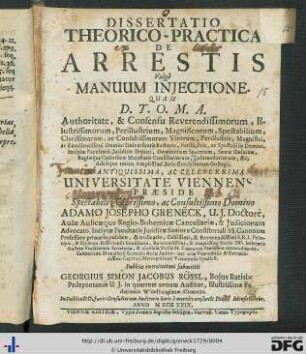 Dissertatio Theorico-Practica De Arrestis Vulgò Manuum Injectione