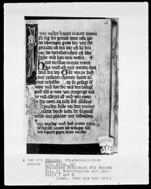 Deutsches Gebetbuch für Nonnen — Initiale I (ch sag dir) mit stehender Nonne, Folio 21recto