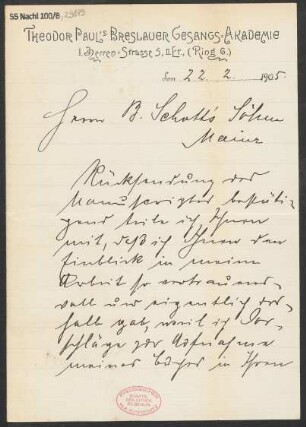 Brief an B. Schott's Söhne : 22.02.1905