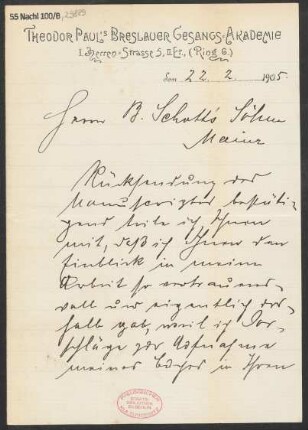 Brief an B. Schott's Söhne : 22.02.1905
