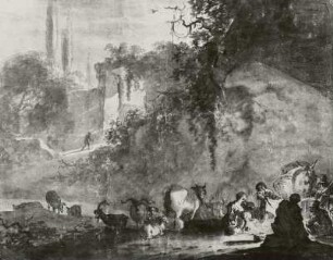 Hirtenfamilie am Feuer in italienischer Landschaft
