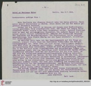 Heid. Hs. 3820,439: Brief von Emil Lask an Marianne Weber