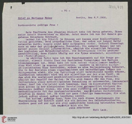 Heid. Hs. 3820,439: Brief von Emil Lask an Marianne Weber