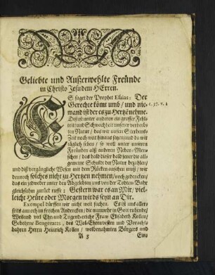 Geliebte und Außerwehlte Freünde in Christo Jesu dem Herren. [u. a.]