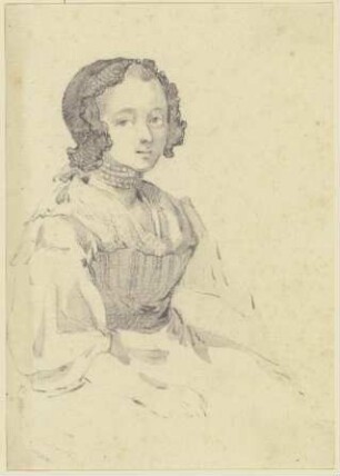 Sitzendes junges Mädchen mit Haube und Halsband, halb nach rechts gewandt